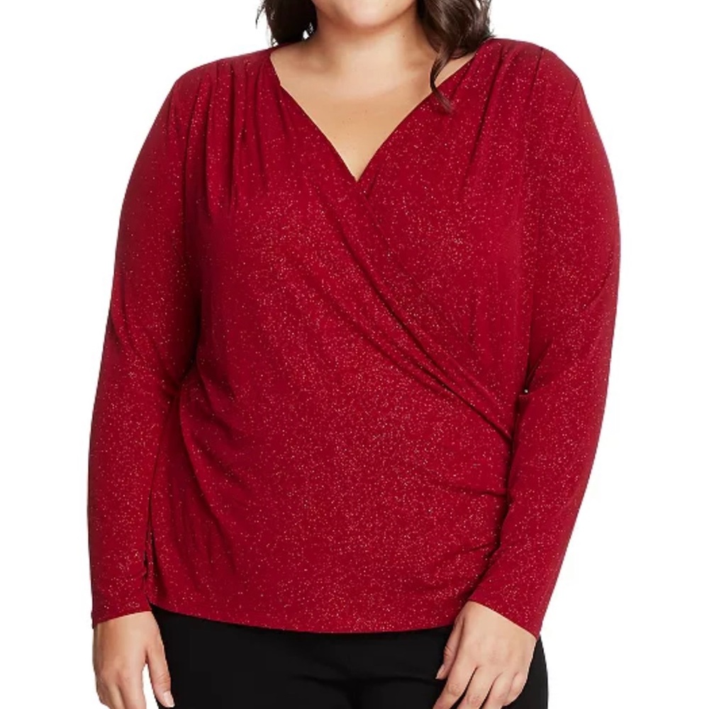 ✅ NWT Vince Camuto Winde Red Sparkle Jersey Faux-Wrap Top size 2X